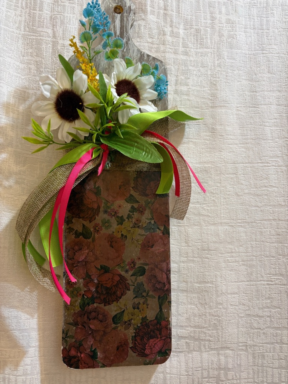 Floral Sunflower Wall Paddle with Green and Pink Ribbon Accent